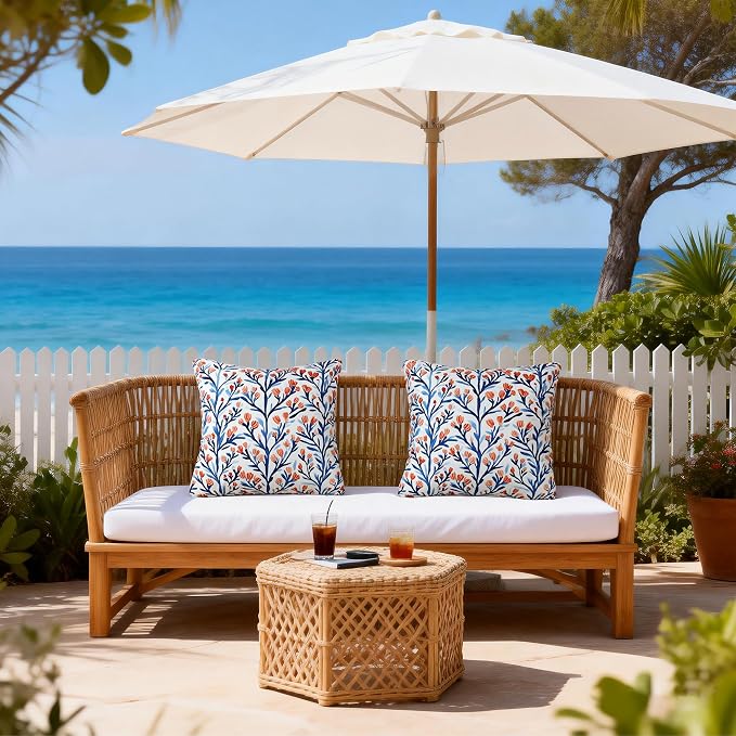 Floral Waterproof Outdoor Throw Pillow Covers 18x18 Inch Set of 2 | Blue and Orange Floral Pillow Cover, Summer Outdoor Decor Cushion Cases for Garden Patio Balcony Funiture Porch Couch Sofa