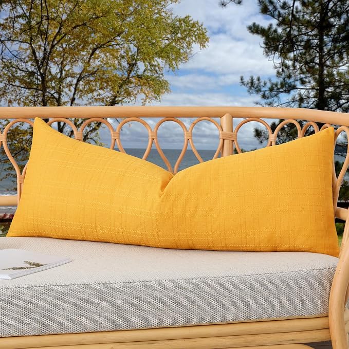 Kevin Textile Outdoor Waterproof 14”x36” Pillow Cover 1 Pack, Dark Yellow | Water Resistant, Soft Faux Linen-cotton Yarn-dyed Woven Texture Throw Pillow Covers for Tent Patio Garden Couch Sofa