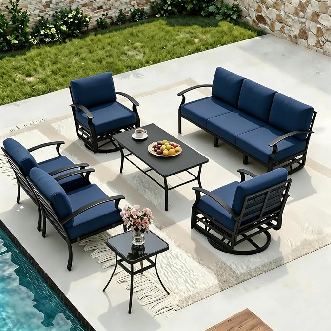Aluminum Outdoor Patio Furniture Set,7 Seats Patio Conversation Sets with Rectangular Coffee Table,Metal Patio Sectional Furniture Set with 2 Swivel Rocking Chairs,Navy Blue