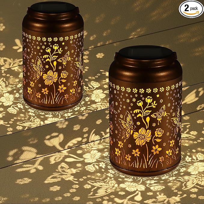 2 Pack Butterflies Solar Lanterns Outdoor Waterproof Garden Decor | Metal Hanging Solar Lights Birthday Gifts for Grandma Mom Solar Decoration Outside for Yard, Patio, Backyard, Porch