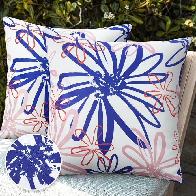 Pyonic Outdoor Waterproof Pillow Covers Pack of 2 Dahlia Water Resistant Decorative Outdoor Pillow Covers 18x18 inch Square Patio Pillows for Funiture Garden,White