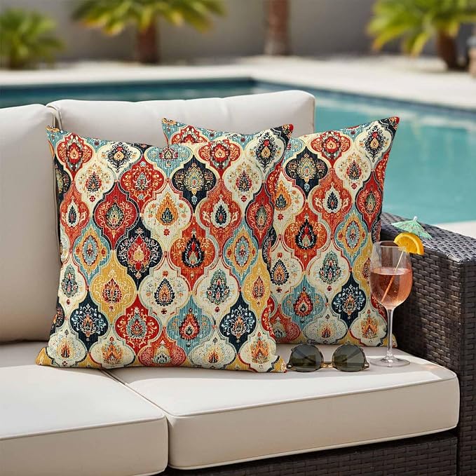 Bohemian Floral Outdoor Pillow Covers 24"x24" Set of 2, Moroccan Exotic Colored Floral Waterproof Throw Pillow Covers for Patio Furniture, Decorative Cushion Covers for Porch