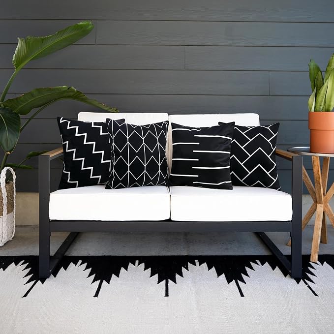 Adabana Set of 4 Outdoor Waterproof Pillow Covers 18x18 Black | Modern Geometric Throw Pillows Cover Decorative Boho Pillow Covers for Patio, Garden, Porch