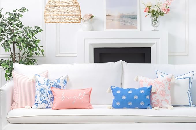 Hofdeco Premium Coastal Patio Indoor Outdoor Lumbar Pillow Cover Only, 12"x20" Water Repellent for Backyard, Couch, Cornflower Blue Embroidered Palm Leaf Tassel