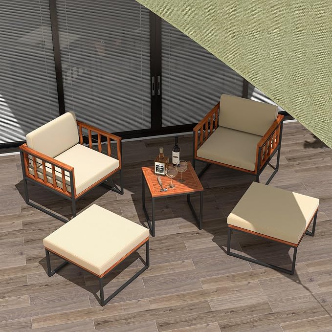 HAPPYGRILL 5 Pieces Patio Conversation Set Acacia Wood Outdoor Furniture Set with Chairs, Ottomans & Coffee Table, Soft Seat & Back Cushions, Patio Wood Chair Set for Backyard Poolside Garden