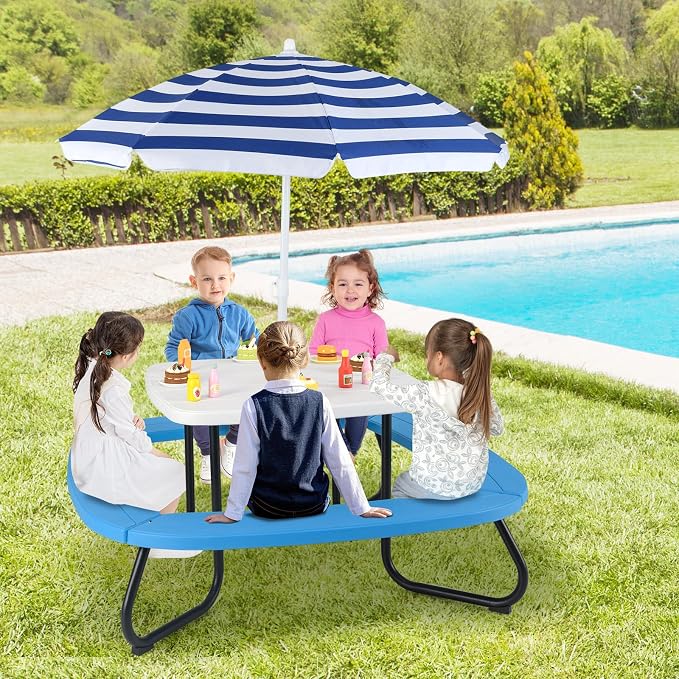 HONEY JOY Kids Picnic Table, 8 Person Toddler Outdoor Table and Chair Set, 4 Built-in Benches, Removable Umbrella, Metal Frame & HDPE Top, Children Outdoor Furniture for Backyard Patio Garden (Blue)