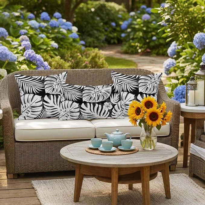 Black Palm Leaves Outdoor Pillow Covers 24"x24" Set of 2, Tropical Botanical Minimalist Modern Waterproof Throw Pillow Covers for Patio Furniture, Decorative Cushion Covers for Porch