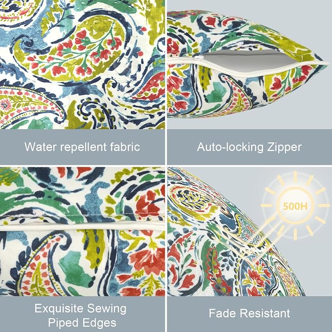 LVTXIII Outdoor Throw Pillow Covers Pack of 2 Patio Waterproof Pillow Cases Fade Resistant Accent Pillow Covers for Home and Garden Furniture Decoration, 18"x18", Paradise Paisley