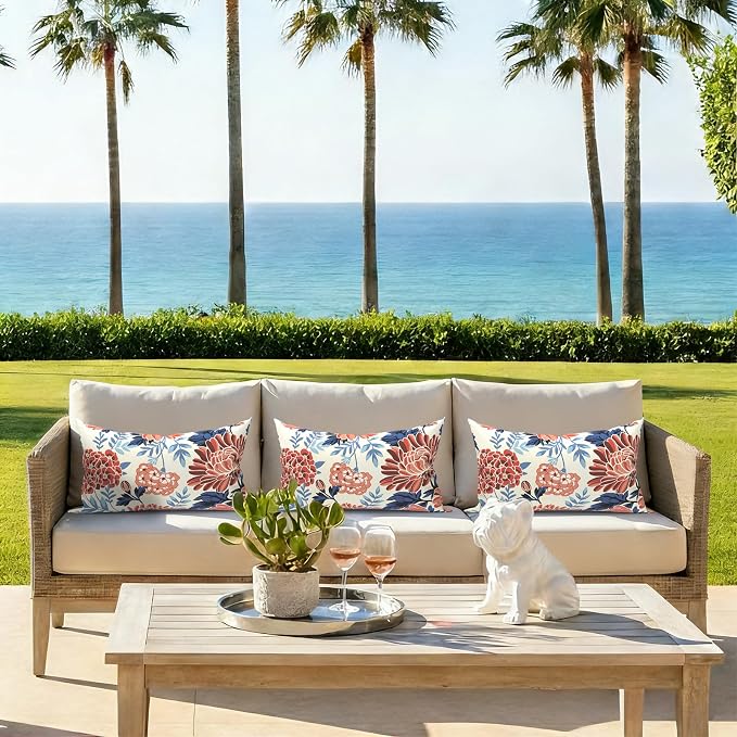 12x20 Inch Outdoor Lumbar Pillow Covers Pack of 2, All Weather Cushion Pillow Cases, Pillowcase for Patio Couch Decoration, Red Chrysanthemum