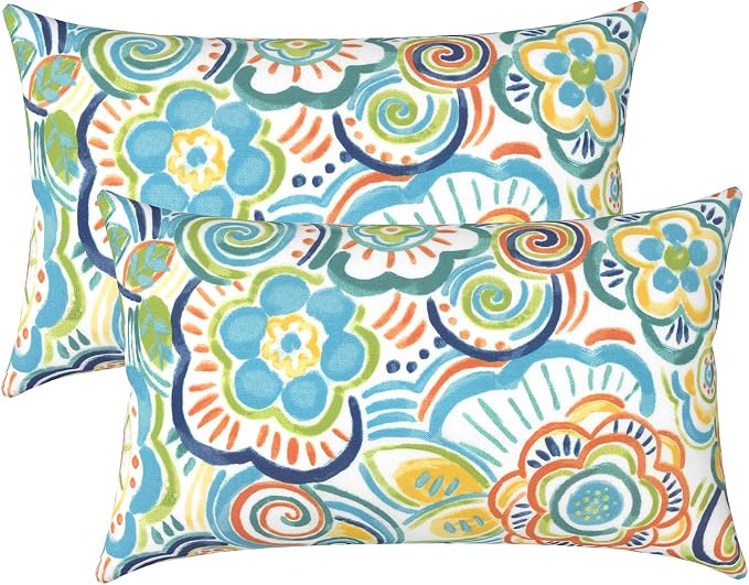 LVTXIII Outdoor Lumbar Pillow Covers Set of 2 Patio Decorative Pillow Cases, Water Repellent Lumbar Cushion Cases for Sofa, Patio Couch Garden Use, 12x20 Inch, Flower Blue