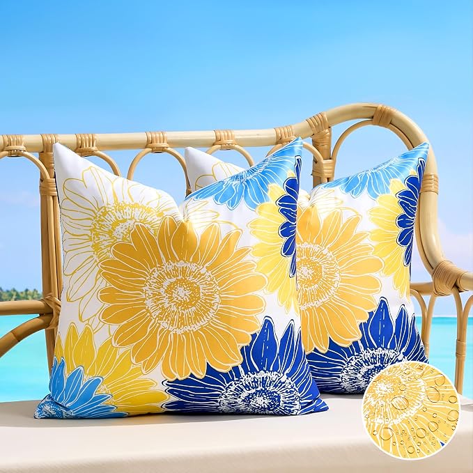 Yellow Blue Floral Pillow Covers Outdoor Waterproof Throw Pillow Covers 16x16 Decorative Summer Square Sunflower Garden Cushion Throw Pillowcase Set of 2 for Patio Furniture Garden Tent Balcony Bench
