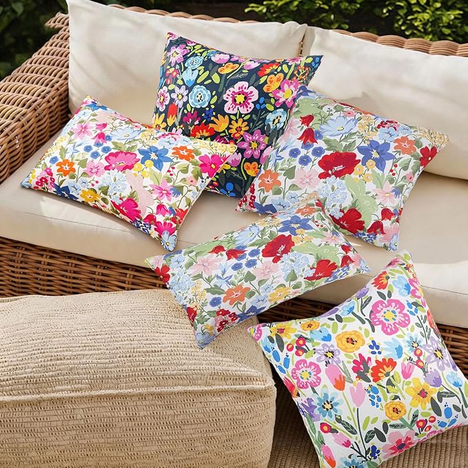 Adabana Outdoor Waterproof Floral Pillow Covers 12x20 Inch | Colorful Outdoor Pillow Covers Summer Decirative for Patio Furniture Porch Garden Pillows