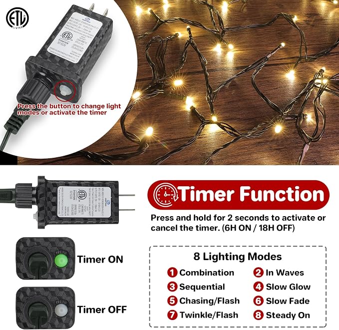 Extra Long 264Ft 800 LED Christmas Lights with Timer, Green Wire Fairy Starry String Lights Plug in, 8 Modes and Memory, forIndoor Outdoor Xmas Tree Wedding Party Decoration,Warm White
