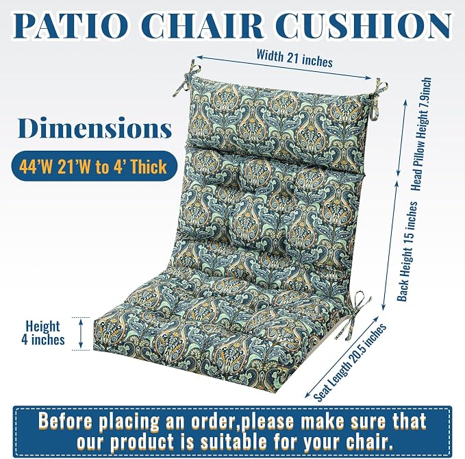Sintuff 2 Pcs 44 x 21 x 4 Patio Chair Cushions Outdoor Chair Cushions Seat/Back Tufted Pillow with Ties All Weather Replacement Indoor Patio Furniture Outdoor Furniture (Pattern,Blue Vintage Flower)