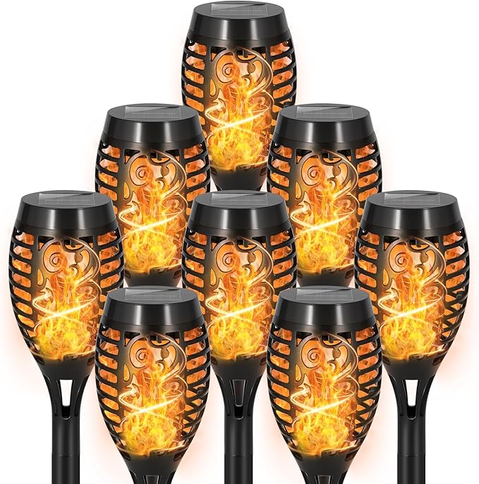 8 Pack Solar Lights Outdoor, Warm White Flickering Flame Torches | Warm White Flickering Flame, Long Nighttime Glow, Auto-On at Dusk, IP65 Weather-Resistant, Tool-Free Ground Setup