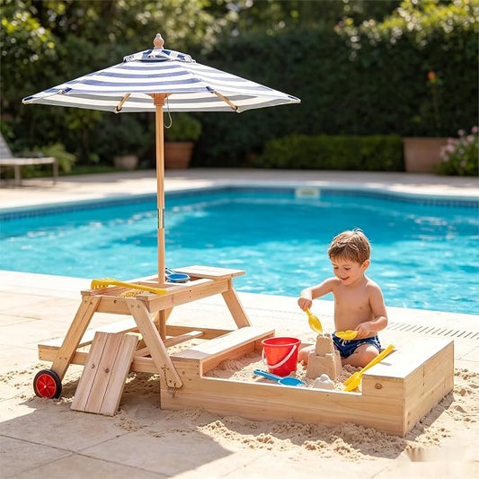 HONEY JOY Kids Picnic Table with Sandbox, Fir Wood Toddler Outdoor Table & Chair Set w/Wheels, Removable Umbrella & Sensory Bin, Children Convertible Outdoor Furniture for Backyard Patio Garden (Blue)