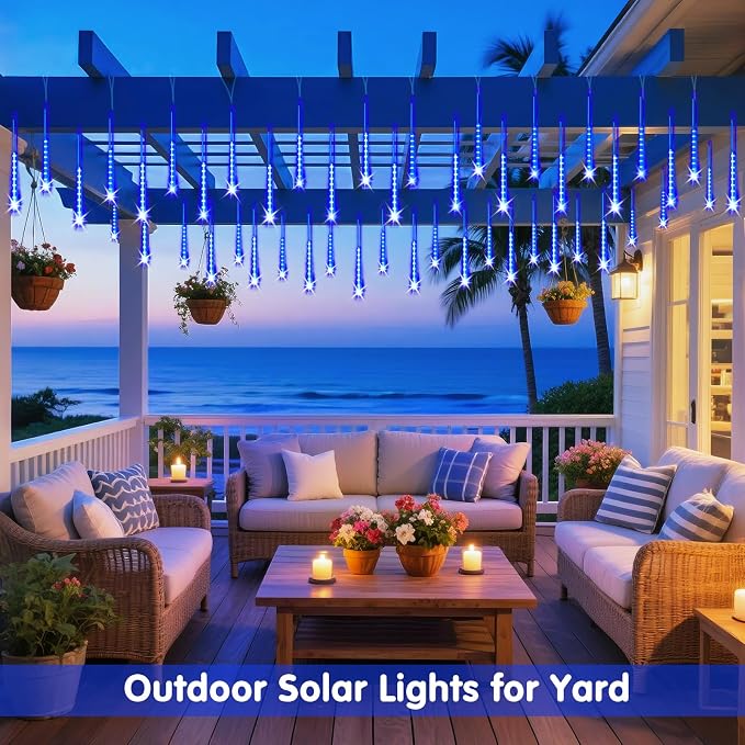 JMEXSUSS Solar Lights for Outdoor Decor, Solar Meteor Shower Lights Outdoor | 8 Tube 144 LEDs , Hanging Blue Christmas Lights for Tree Yard Icicle Garden Patio Gazebo Eaves Front Porch Decor