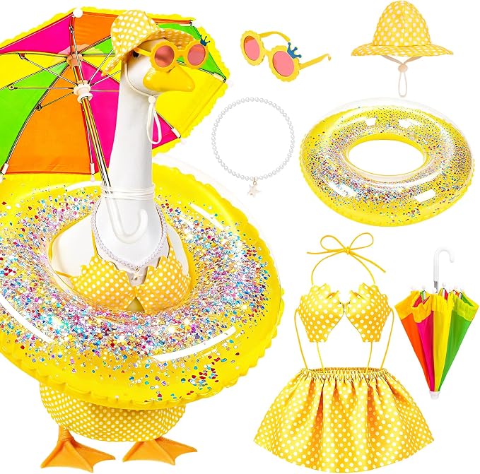 Hawaiian Porch Goose Outfits, 23 Inch Bikini Lawn Goose Summer Outfit with Swimsuit Float Ring Sunglasses Pearl Necklace Umbrella, Yellow Polka Dot Goose Clothes for Outdoor Garden