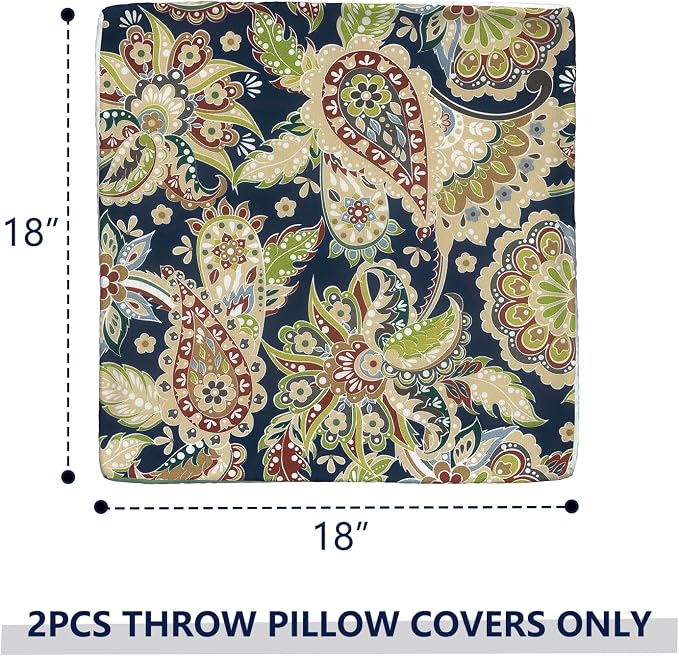 Outdoor Throw Pillow Covers 18x18 Inch, Decorative Pillow Covers for Patio Furniture, Paisley Sapphire Blue Modern Cushion Cases for Garden Couch Home Sofa, Pack of 2