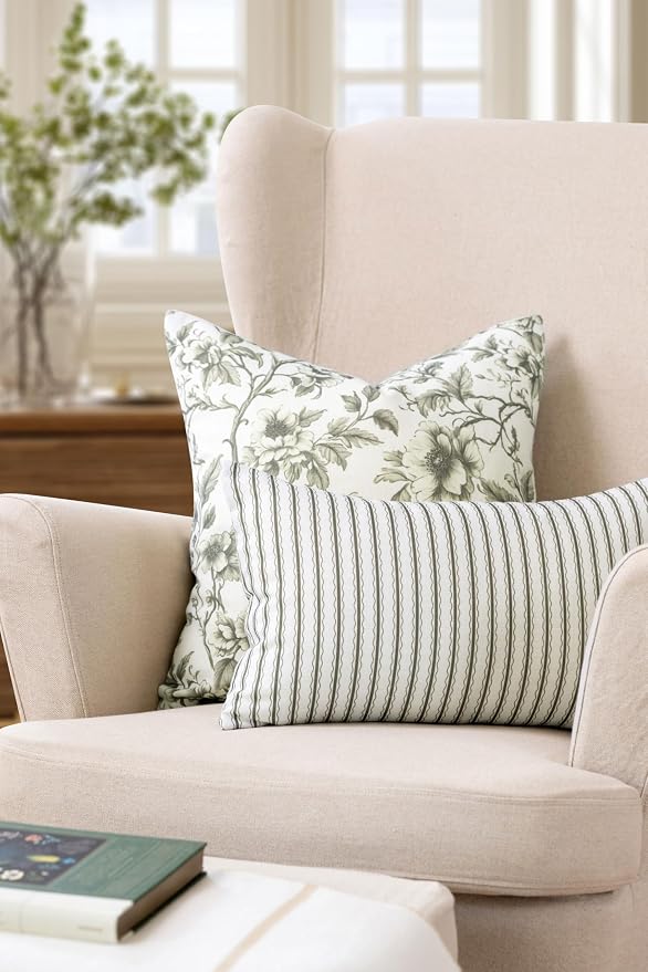 Modern Farmhouse California Casual Indoor Outdoor Lumbar Pillow Cover, 12"x20" Water Repellent for Patio, Backyard, Couch, Poolside, Oliver Green Print Wave Stripes