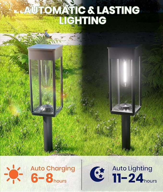 BITPOTT Bright Solar Lights Outdoor Waterproof IP65, 4 Pack Pathway Lights Solar Powerd, Auto On/Off Solar Outdoor Lights for Path, Yard, Landscape, Lawn, Patio, Walkway, Driveway, Garden Decor