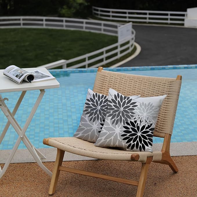 DFXSZ Pack of 2 Outdoor Waterproof Throw Pillow Covers 18x18 Grey Black | Polyester Colorful Spring Summer Floral Decorative Cushion Cases(NO INSERT),For Couch Patio Funiture Garden Home Decor