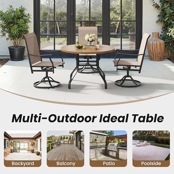 Soohow Round Outdoor Dining Table, 41" Round Patio Table Wood-Like Grain with 1.57" Umbrella Hole, Metal Outdoor Dining Tables for Backyard and Poolside