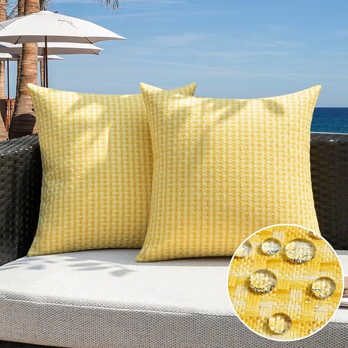Kevin Textile Outdoor Waterproof 16"x16" Pillow Covers 2 Pack, Yellow | Water Resistant Weaving Faux Linen Texture Throw Pillow Covers, Outside Decorative Pillowcases for Garden Patio Balcony Couch