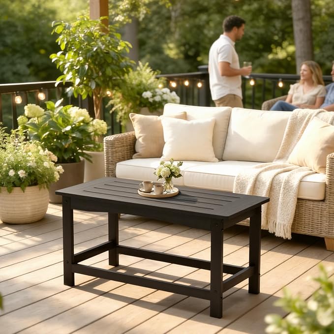Outdoor Coffee Table, 35.4" x 17.5" All Weather Rectangle Patio Coffee Side Table for Garden Lawn Porch Poolside Balcony (Black)