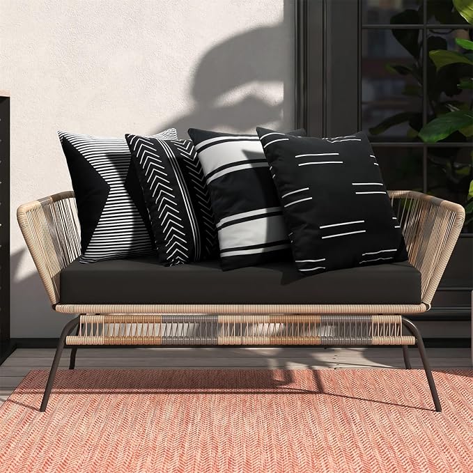 Adabana Set of 4 Outdoor Waterproof Pillow Covers 16x16 Black and White | Modern Geometric Throw Pillows Cover Decorative Boho Pillow Covers for Patio, Garden, Porch