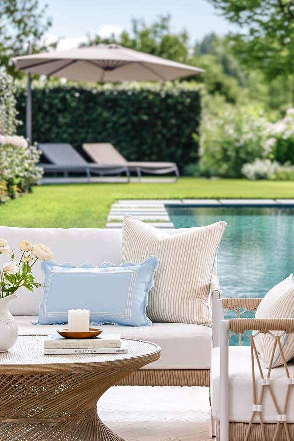 Hofdeco Premium Coastal Hampton Patio Indoor Outdoor Throw Pillow Cover Only, 20"x20" Water Repellent for Backyard, Couch, Poolside, Neutral Tan Blue Print Stripes