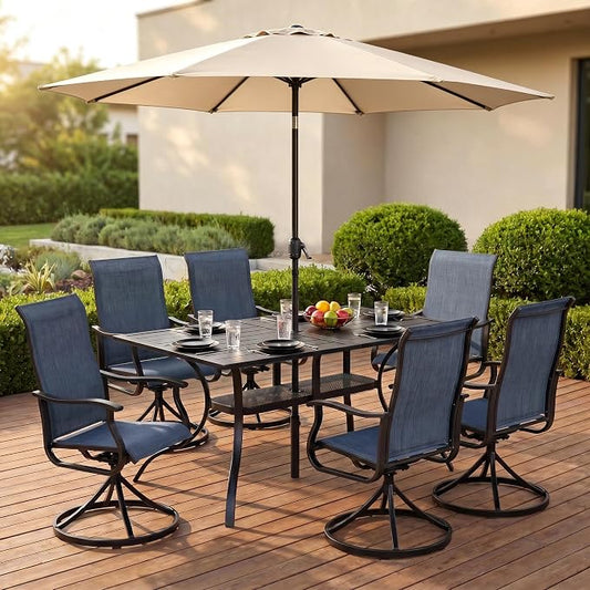 Crownland 7 Piece Furniture Patio Dining Set with Champagne Umbrella, 6 Swivel Metal Chairs and Rectangular Outdoor Dining Table, Outdoor Furniture Dining Set for Lawn, Backyard, Garden(Blue)