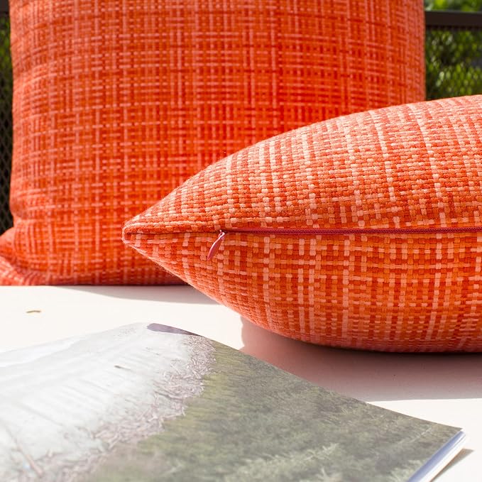 Kevin Textile Outdoor Waterproof 26x26 Inch Pillow Covers 2 Pack, Orange | Water Resistant, Faux Linen Yarn-dyed, Woven Texture Euro Throw Pillow Covers for Tent Patio Garden Couch Sofa