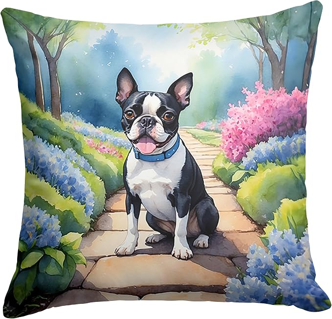Caroline's Treasures Boston Terrier Spring Path Throw Pillow Machine Washable, Indoor Outdoor Decorative Pillow for Couch, Bed or Patio, 14Hx14W