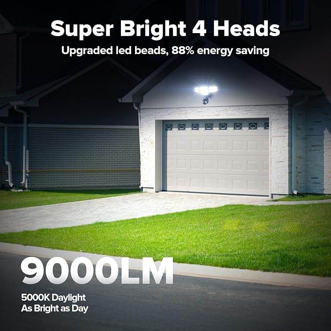 LUTEC 80W 9000LM LED Security Lights Motion Sensor Outdoor Lights, 4 Head LED Flood Lights Outdoor 5000K Daylight, IP65 Waterproof, Motion Detected Lights for Outside, Garage, Yard (Black) - 2 Pack