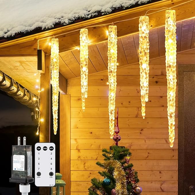Brightown Icicle Lights Outdoor 20ft with Remote - 20 Tubes 100 LED Icicle Christmas Lights, Waterproof Icicle Indoor Decoration for Tree Patio Roof Holiday Decor, Warm White