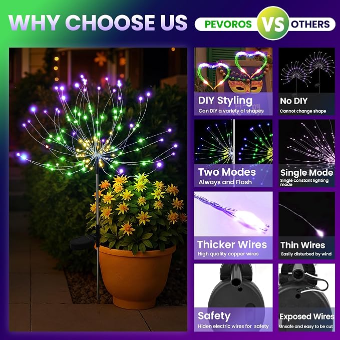 PEVOROS Solar Firework Garden Lights Outdoor, Purple/Yellow/Green, 6 Pack | 120 LEDs, Waterproof, Fairy Garden Decor, Auto On/Off, Solar Powered, for Yard, Patio, Porch, Flower Pot, Pathway