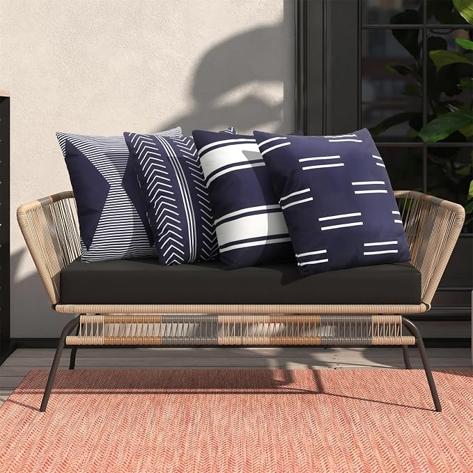Adabana Set of 4 Outdoor Waterproof Pillow Covers 18x18 Navy Blue | Modern Geometric Throw Pillows Cover Decorative Boho Pillow Covers for Patio, Garden, Porch