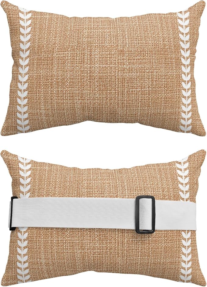 Bohemia Outdoor Lumbar Pillows 12x20 Set of 2, Modern Minimalist Leaves Vertical Lines Linen Tan Waterproof Throw Pillow Covers with Insert, Decorative Support Pillows for Lounge, Chaise