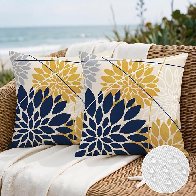 OTOSTAR Outdoor Dark Blue Yellow Pillow Covers 16x16 Inch Set of 2 Light Grey Flower Throw Pillows Geometric Dahlia Floral Square Cushion Case Waterproof Decor for Sofa Patio Funiture Garden