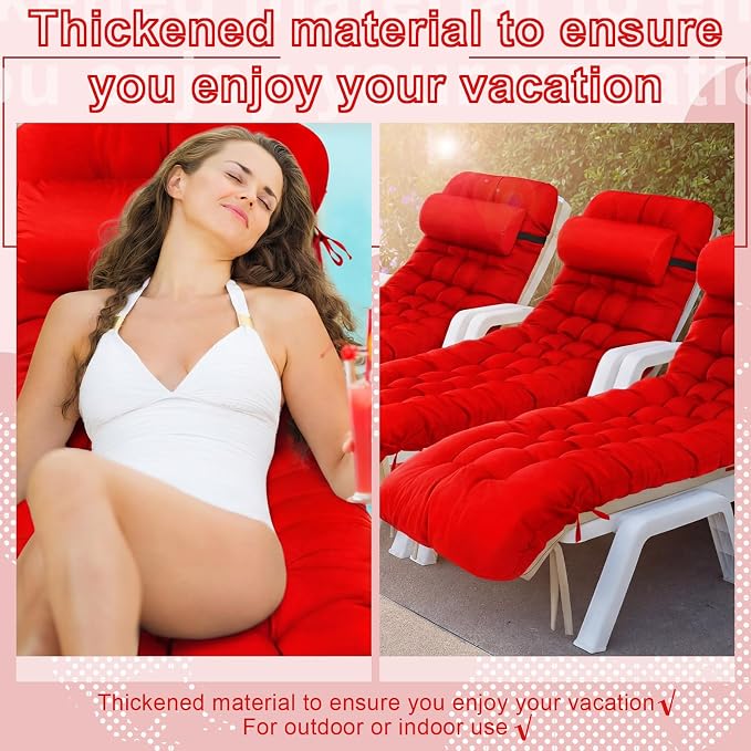 Tudomro Outdoor Chaise Lounge Cushion 66x21x4'' Waterproof & Fade-Resistant Patio Pool Chaise Lounge Cushion Headrest Pillow Tie Replacement Rocking High Back Chair(Bright Red,1 Pcs)