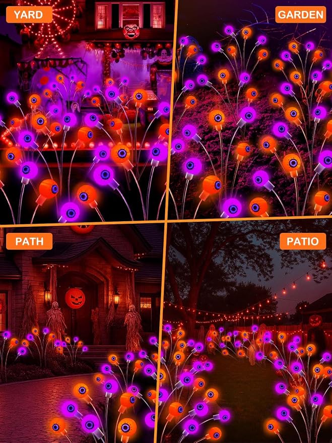 6 Pack Solar Halloween Decorations Outdoor 36 LED Solar Eyeball Lights | Orange and Purple Halloween Lights, Sway by Wind, IP65 Waterproof, 2 Modes, for Pathway Garden Yard Lawn Horror Party Decor