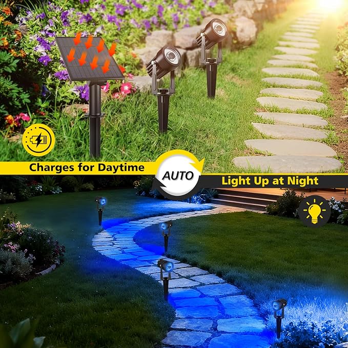 T-SUN Blue Solar Spotlights Outdoor, 2-in-1 Waterproof Solar Landscape Spotlights, 2 Lighting Modes Adjustable Solar Lights for Trees, Yard, Garden, Pathway, Patio, Pool Area(Blue)