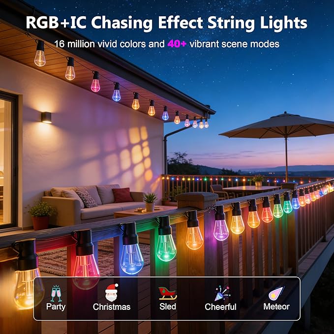 Beizelte Outdoor String Lights, 290FT RGB+IC Outside Light Dimmable Shatterproof LED Bulbs, IP67 Waterproof Chasing Effect Lighting DreamColor Patio Strip Lights for Backyard, Balcony, Outdoor Living
