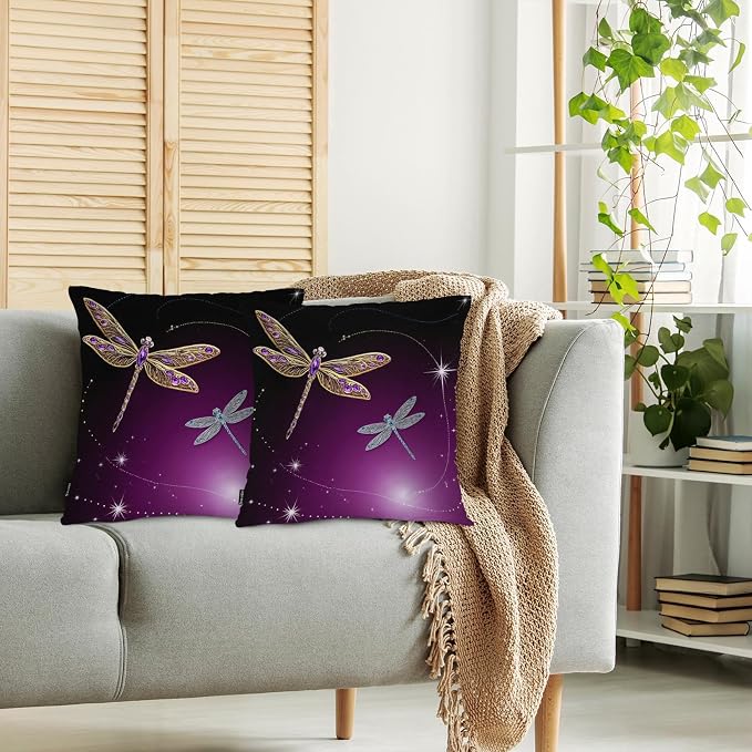 Swono Pillow Covers 18X18 Inch Set of 2 Dragonfly, Throw Pillow Cases Gold Silver Dragonflies Diamond Pillowcase Cushion Cover Decorative for Indoor Outdoor Home Sofa Bedroom Livingroom