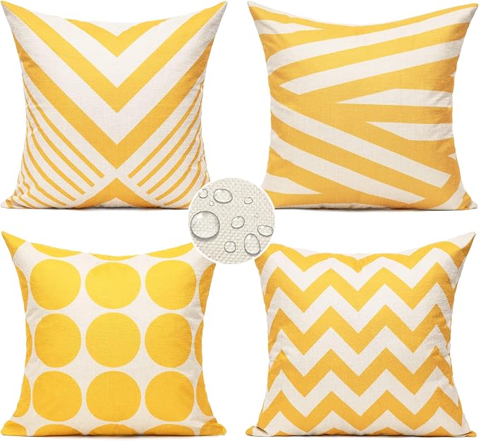 All Smiles Outdoor Waterproof Throw Pillow Covers 18X18 Set of 4,Yellow Decorative Cushion Covers Boho Decorations Outside for Patio Furniture Porch Seat Chair Couch Sofa Living Room Geometric