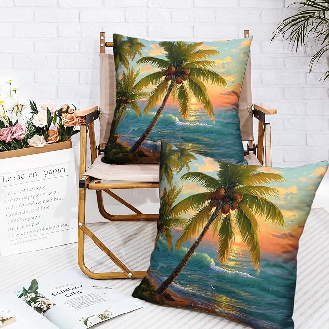 Tropical Throw Pillow Covers Coconut Palm Tree Pillow Covers 24x24 Summer Sunset Coastal Outdoor Pillowcases Hawaiian Sea Wave Cushion Cases for Home Farmhouse Sofa Couch 2 Pcs