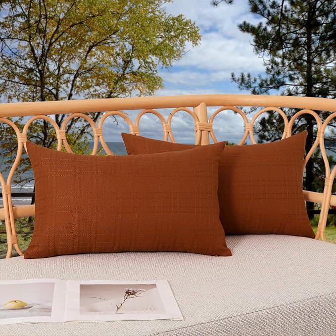 Kevin Textile Outdoor Waterproof 12”x24” Pillow Covers 2 Pack, Burnt Orange | Water Resistant, Soft Faux Linen-cotton Yarn-dyed Woven Texture Throw Pillow Covers for Tent Patio Garden Couch Sofa