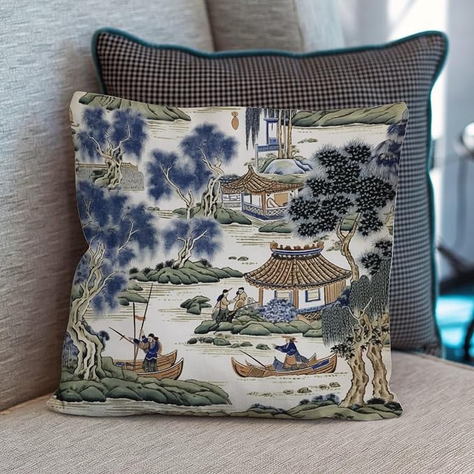 Asian Scenic Throw Pillow Covers Blue and Green Chinoiserie Cushion Cover 20x20 INFarmhouse Accent Modern Decorative Pillow Covers for Patio Furniture Tent Garden
