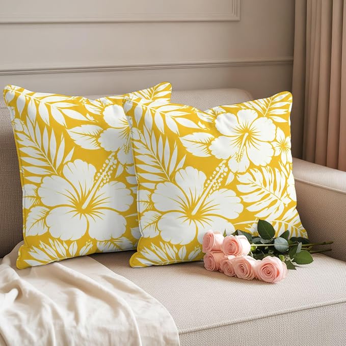 Yellow Hibiscus Flowers Waterproof Outdoor Pillow Covers Set of 2 Home Decor, Tropical Monstera Leaves Pillowcase Patio Pillow Covers for Couch Bench Patio Furniture Garden 18x18in
